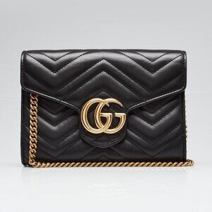 Gucci Black Leather GG Marmont 2.0 Chain Wallet Clutch Bag